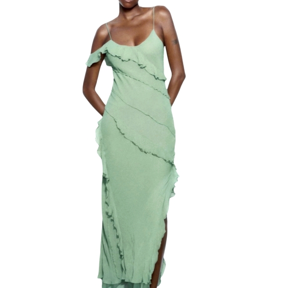 Zara Dresses & Skirts - Zara Green Maxi Chiffon Spring dress size-Small